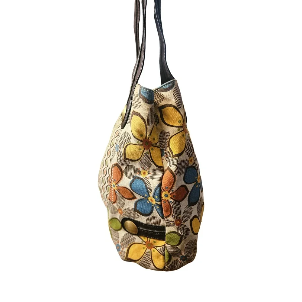 Relic Womens Retro Floral Canvas Hobo Shoulder Bag Brown Blue Yellow Multi Color